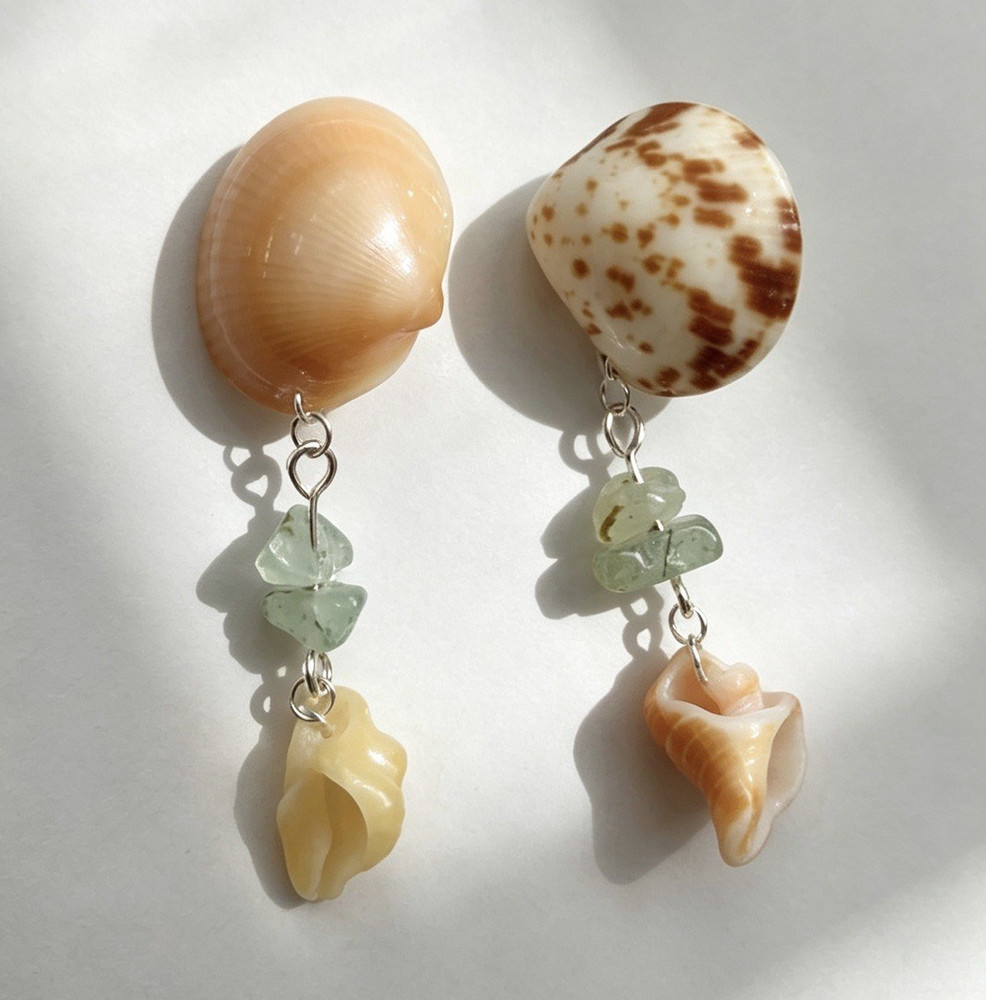 Handcrafted Shell Beaded Dangle Earrings Multicolor Beach Sea Life Oval Stud