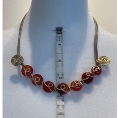 Artisan Wire Wrapped Red Bead Statement Necklace Gold Tone Bib Boho Jewelry