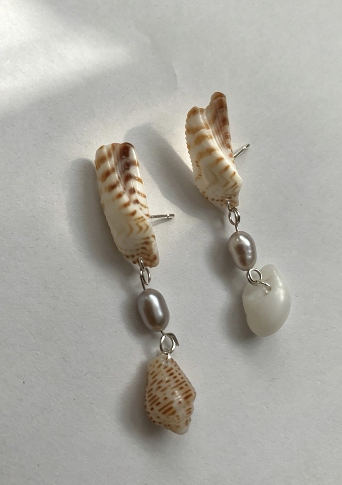 Handcrafted Shell Stone Beaded Dangle Earrings White Brown Beach Post