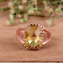 Radiant Lemon Topaz Cushion Ring – Rose Gold Plated Brass Split Shank Jewelry