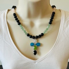 Cross Pendant Beaded Necklace Cross Necklaces Obsidian Rose Quartz Aventurine