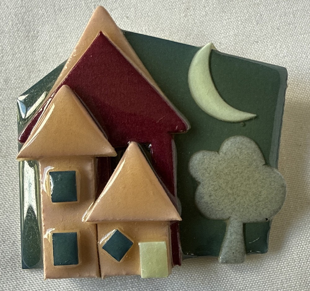 Nighttime moon and tree teal and maroon House Pins by Lucinda Brooch