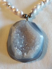 34 inch total length Fresh water pearl necklace with large geode pendant
