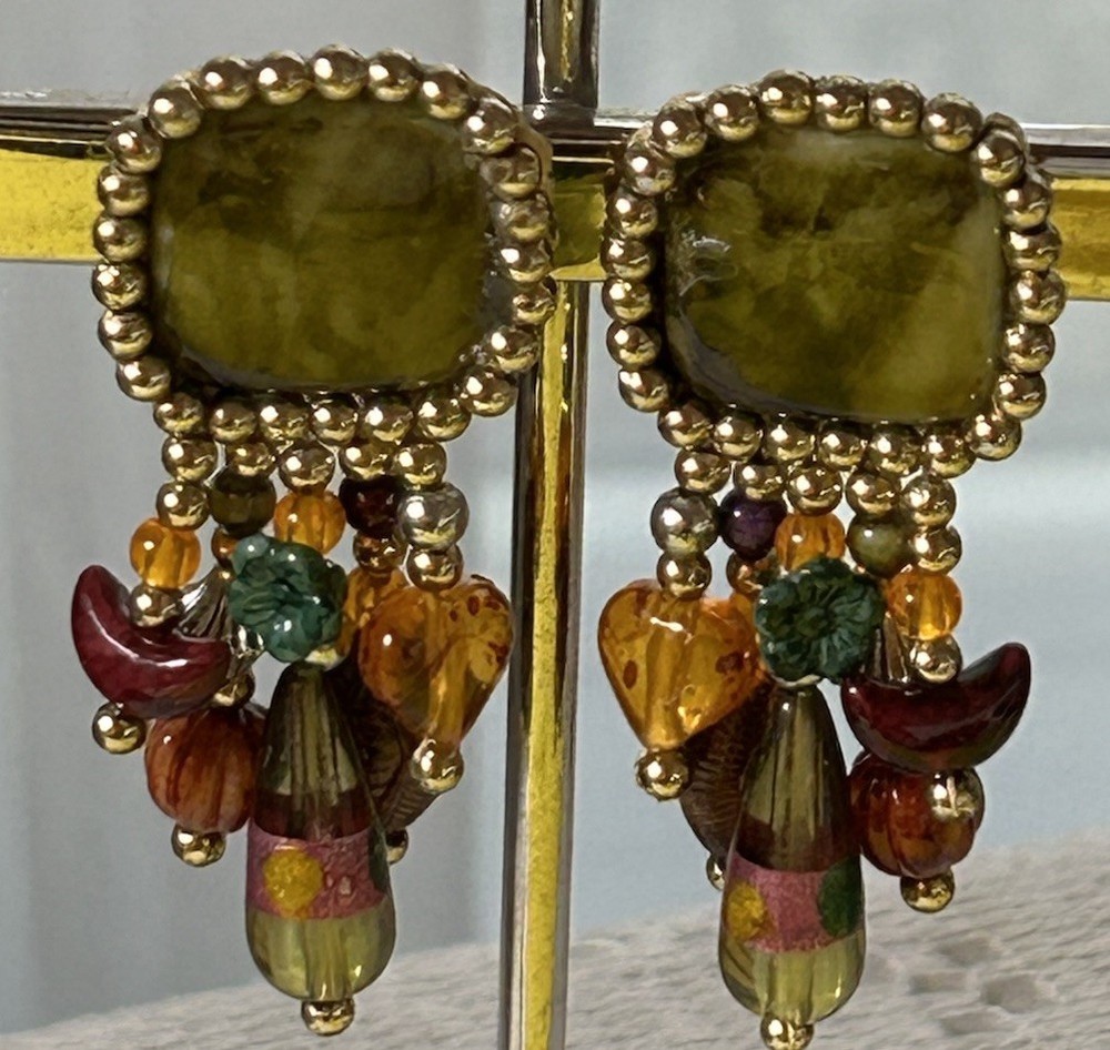 Handmade Shades Of Green Acrylic Stitched & Beaded Stud Earrings 2.25 Inches