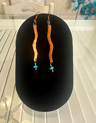 Handcrafted Copper Curved Dangle Hook Earrings w/ Blue Turquoise Chip Beads 4″