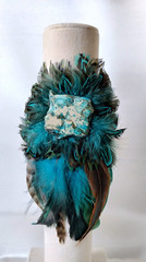Southwestern Impression Jasper Slab Hair on Hide Leather Feather Cuff Bracelet