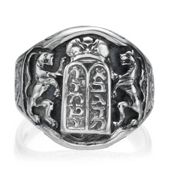 Ten Commandments Lion of Judah Judaica 925 Sterling Silver Signet Jerusalem Ring