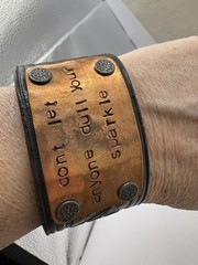 Hand Tooled Leather Cuff Bracelet With Copper Inspirational Saying 6.5-7”