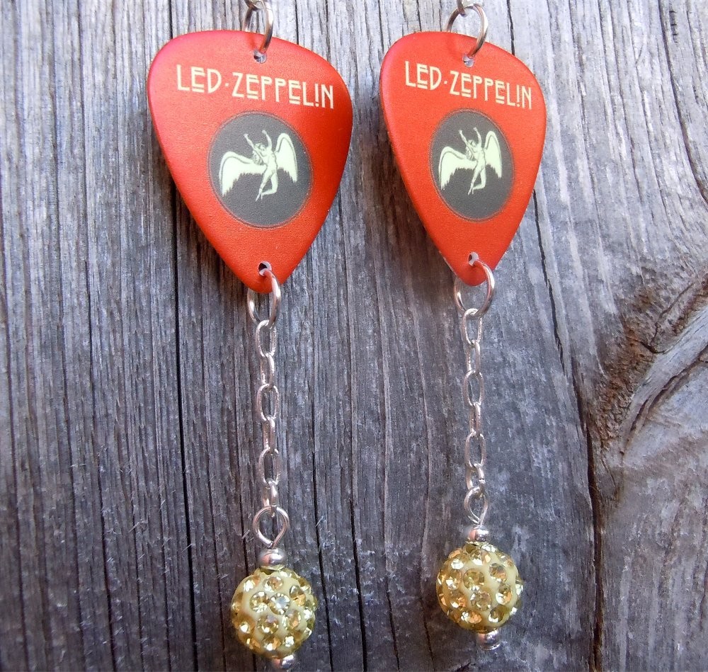 Led Zeppelin Icarus Guitar Pick Earrings with Pale Yellow Pave Bead Dangles