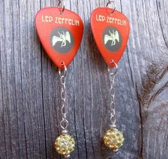 Led Zeppelin Icarus Guitar Pick Earrings with Pale Yellow Pave Bead Dangles