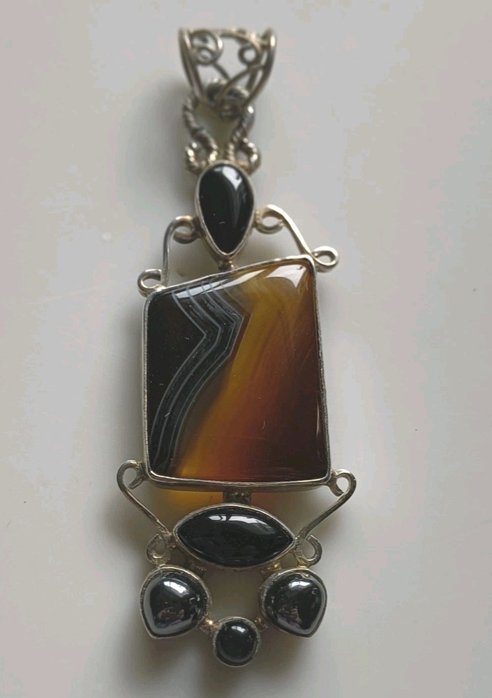 Banded Agate & Hematite In Silver Pendant. #0039