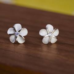 Vintage Sterling silver handmade earrings, 925 plumeria flower studs with cz