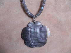 Purple/Gray Pearls & Faceted Labradorite Necklace w MOP Flower Pendant Sterling