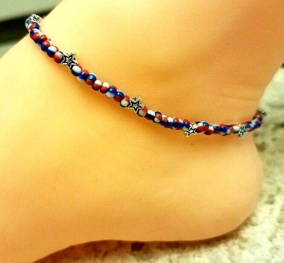 4th of July Red White & Blue Glass Seed Bead Patriotic Stars Stretch Anklet USA