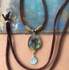 $270 Labradorite Aquamarine Sundance Charm Necklace leather suede cord jewelry