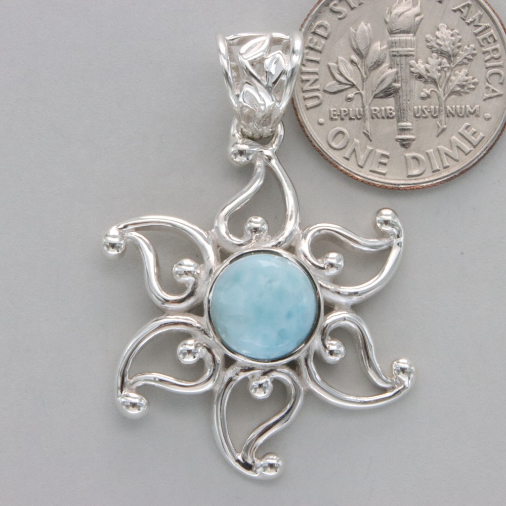 Caribbean Round Blue LARIMAR Sun / Star Pendant 925 STERLING SILVER Natural #53e