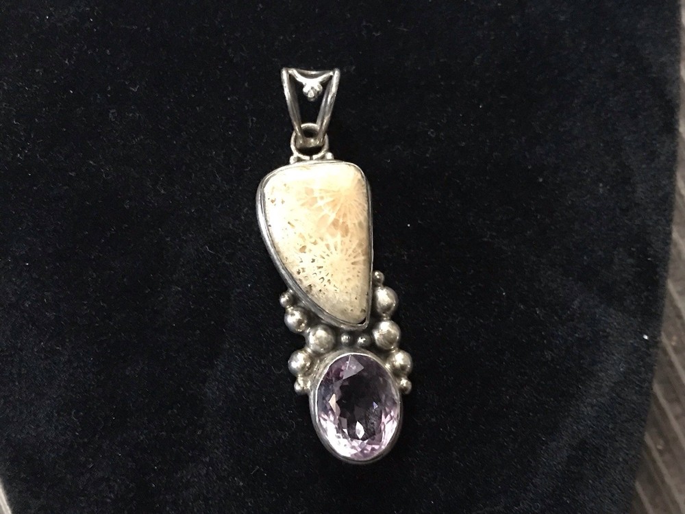 Artisan Freeform One of a Kind Statement Pendant Fluor. Fossil Coral & Amethyst