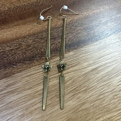 Art Nouveau Dogwood Flowers Long Dangling Brass Earrings With Hooks From Estate