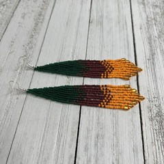 Boho Seed Beaded Earrings Green Brown Orange Fringe Dangle Drop Earrings 4.75 in