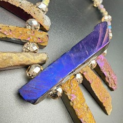 Titanium Aura Quartz Crystal Point Statement Necklace Purple Gold Toggle Clasp