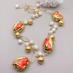 27x33mm Orange Coral White Pearl 14mm brushed bead gold plated chain Necklace
