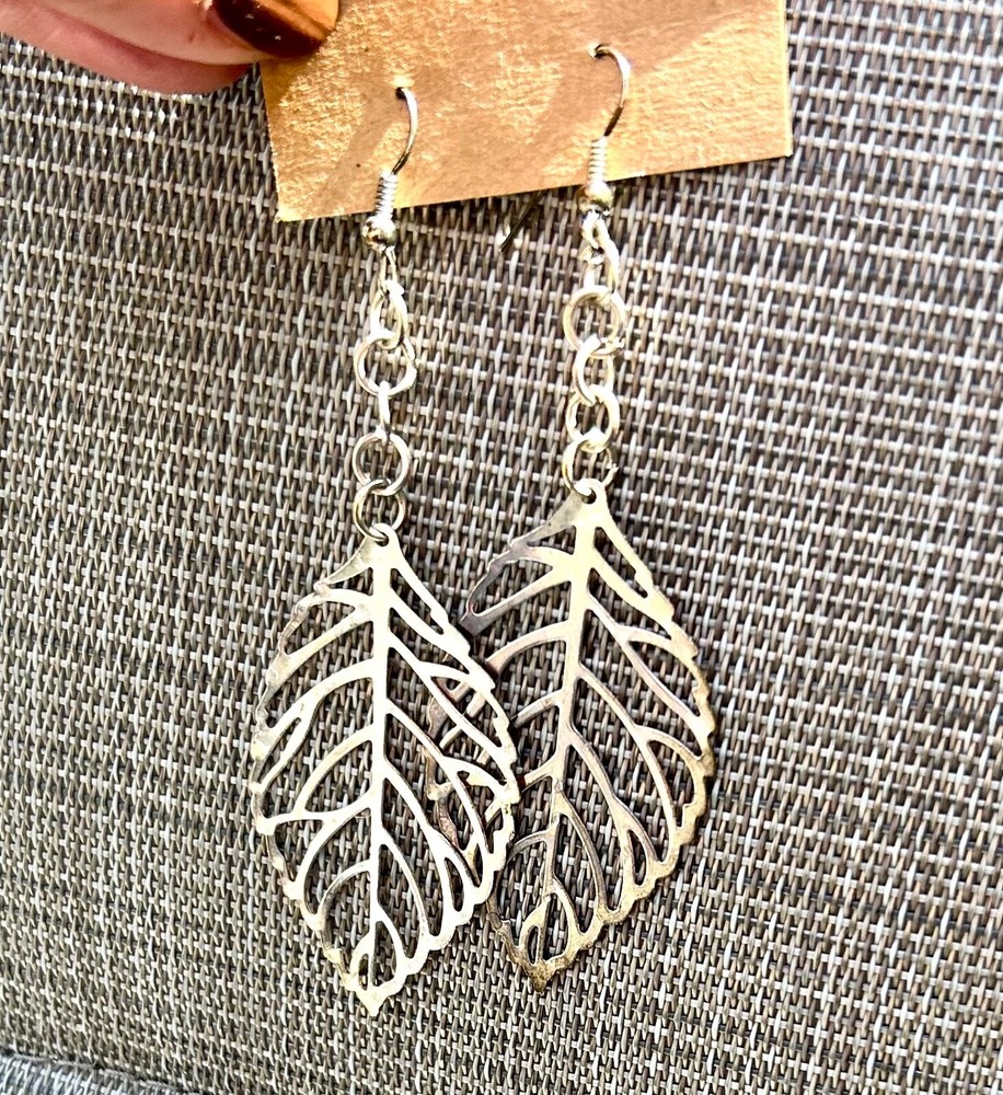Leaf Earrings Filigree Hand Made Silver-tone Dangly