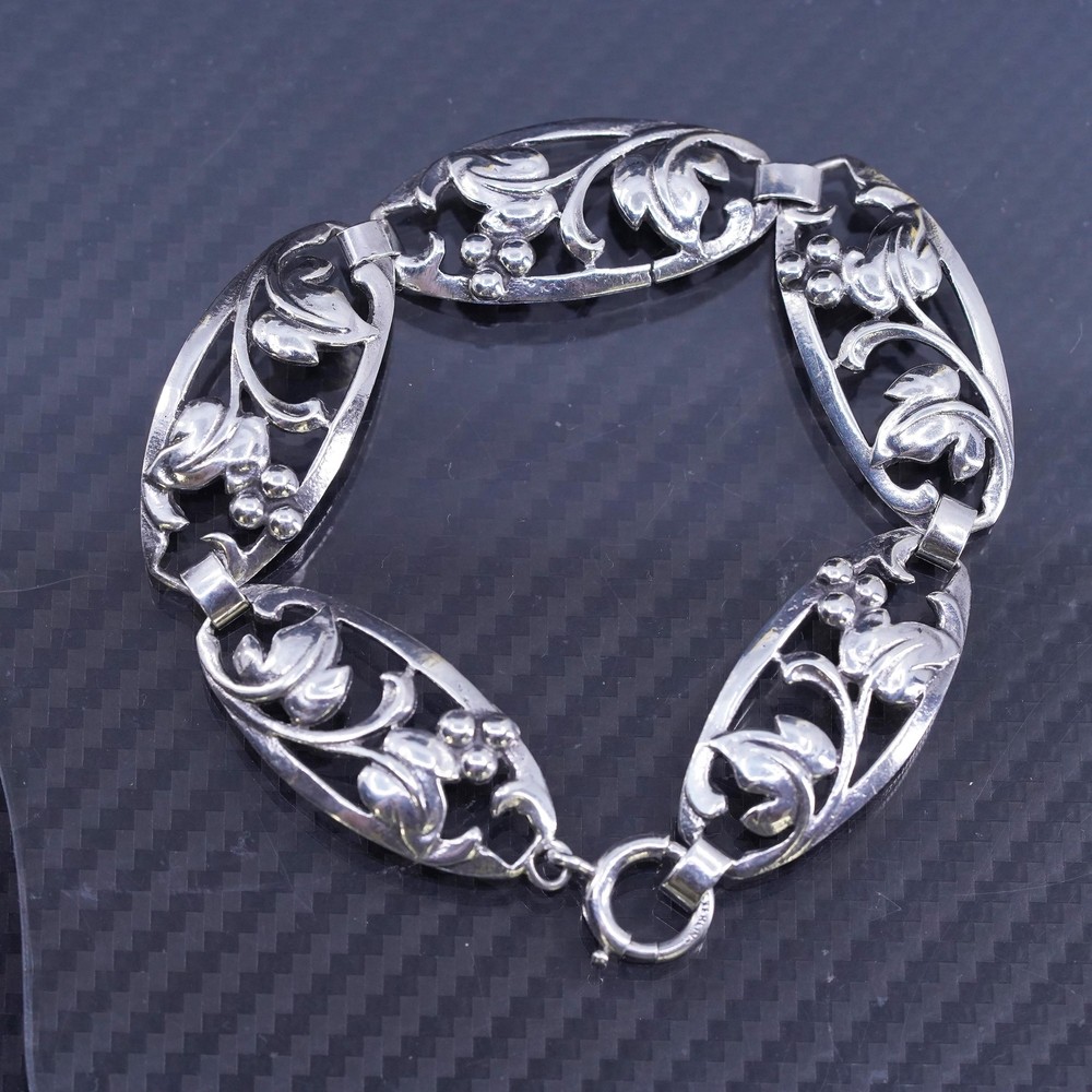 7.5”, Vintage sterling 925 silver handmade tennis bracelet with leaves