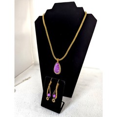 Purple copper stone pendant Wire wrapped Viking knit Hook clasp chain +earrings
