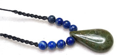 Serpentine Stone hand braided adjustable Necklace with Lapis Lazuli beads.