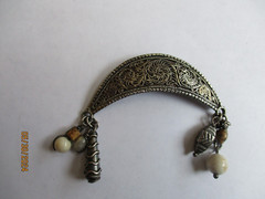 Vintage Marjorie Baer MB SF Pin, Silver Tone Filigree, Stone Dangle Beads, 2.25″