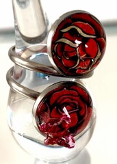 Handcrafted Art Resin Adjustable Open Ring Finger Wrap, Pink Butterfly Over Rose