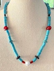 Turquoise/Red Coral/Onyx/White Howelite/18.25″/Gemstone Necklace (TRO-101)