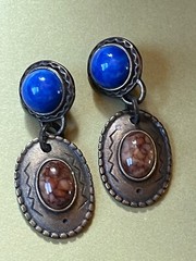 Cobalt Blue Round Plastic & Brown Oval Cab in Antique Goldtone Dangle Post Earri