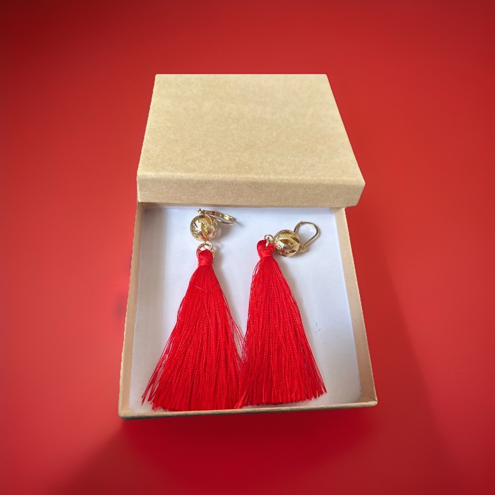 Red Silk Tassel Dangle Earrings W/GiftBox, Gold Accent Bead, Lever Back, 3” Drop