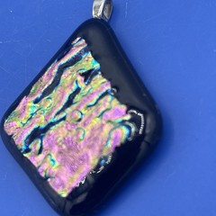 Handmade Dichroic Fused Glass Pendant Black Iridescent Pink Green 1.75”