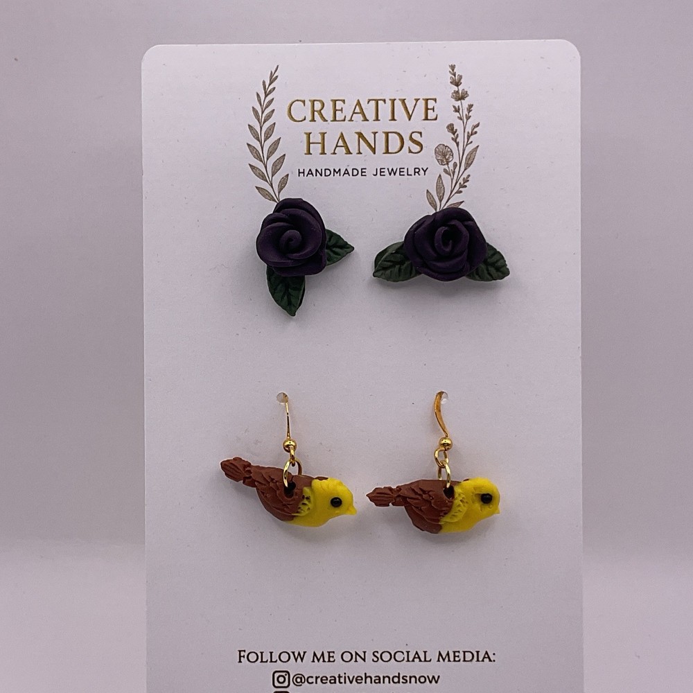 Handmade 2 Pair Earring Set Black Rose Stud & Bird Dangle Earrings