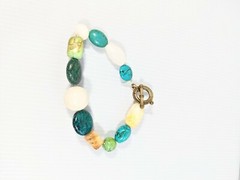 Artisan Blue Green White Polished Stone Toggle Bracelet 9 Inches