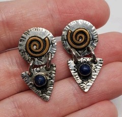 Artisan Mixed Metal Lapis Lazuli Spiral Triangle Dangle Earrings