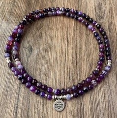 Boho Purple Agate Lotus Pendant Beaded 8mm Necklace Spiritual Meditation Soulful
