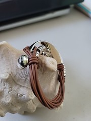 Silver plated beaded Wrap Cuff Bracelet Uno De 50 Style Light Tan minimalist