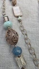 Long textured Link Barse faceted Blue Stones MOP 36” openwork scroll Necklace A9