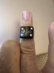 Handcrafted Wood or Horn Ring Carved with Inlaid Brass and Silver? Dot Design