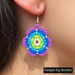 Huichol Style Beaded Flower Earrings Handmade Blue Purple Beaded Floral Dangles
