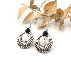 Lightweight Boho Bohemian Silver Black Zircon Fluted Crescent Dangle Earrings