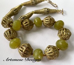 Green Gold – Chunky Olive Green ‘Jade’, Gold-Plated & Ghana Brass Bead Necklace