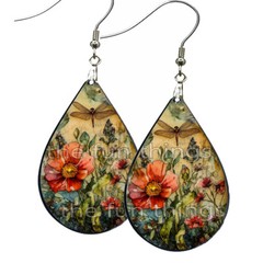 Summer Flower Garden Dragonfly Earrings Teardrop NO TARNISH Wood Dangle Handmade