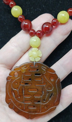 Brown Serpentine Carved Pendant 16.5″ Stone Bead Necklace SterlingSilver VTG J11
