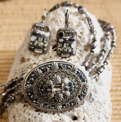 MICHAL GOLAN NYC Victorian Style Necklace Gray Crystal & Pearls 2″ Earring Set