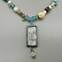 Mixed Bead Necklace Womens Teal Boho Artisan Lace Pendant Toggle Clasp 21 Inch