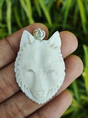 Carved Buffalo Bone Wolf Pendant Necklace: Bali Bone Carving